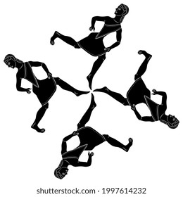 Square cross design with four running ancient Greek women.  Black and white negative silhouette.