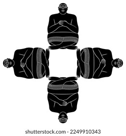 Square cross design with four seated ancient Sumerian men with folded hands. Black and white negative silhouette. Isolated vector illustration.