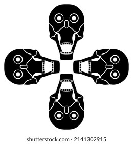 Square cross design with four stylized human skulls with open mouths. Native American symbol of Aztec Indians. Black and white negative silhouette.