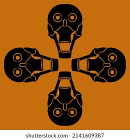 Square cross design with four stylized human skulls with open mouths. Native American symbol of Aztec Indians. Black and orange silhouette. Halloween design.