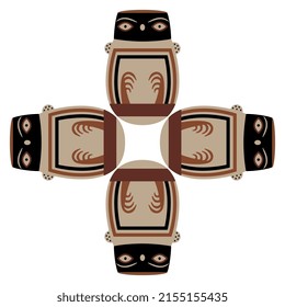 Square cross design with four stylized owls. Ancient Peruvian animal design. Native American art. Nazca pottery.