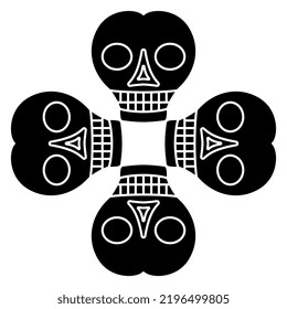 Square cross design with four stylized human skulls. Funny death symbol. Black and white negative silhouette.