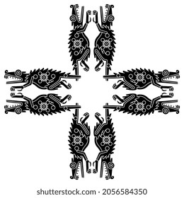 Square cross design or frame with fantastic crocodile monsters. Native American animal design of Aztec Indians from Mexican codex. Black and white negative silhouette.