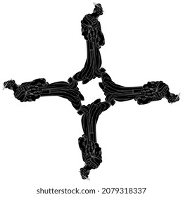 Diseño de cruz cuadrada o marco con cuatro hermosas mujeres japonesas en kimono. Estilo tradicional. Silueta negativa en blanco y negro.