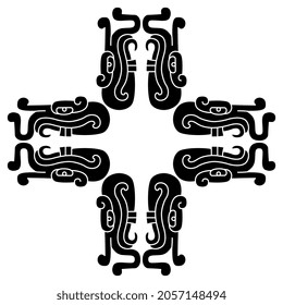 Square cross design or frame with heads of fantastic dragon monster with teeth and tentacles. Native American animal design of Aztec or Maya Indians from Mexican codex. Black and white silhouette.