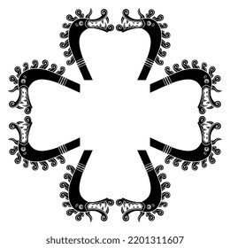 Square cross design or frame with heads of fantastic dragons or griffins. Viking drakkar. Norse mythology. Black and white silhouette.