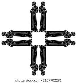 Square cross design or frame with standing medieval Gothic women. Black and white negative silhouette.