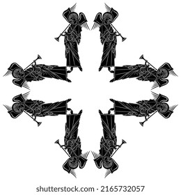 Square cross design or frame with winged angels playing the trumpets. Medieval Christian symbol. Black and white negative silhouette.