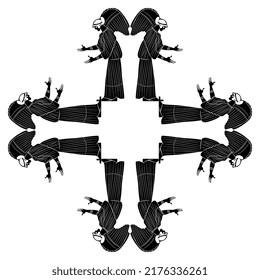 Quadratisches Kreuzdesign oder Rahmen mit geflügelten griechischen Göttinnen oder Engeln. Schwarz-Weiß-Silhouette.