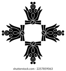 Square cross design or geometrical frame with stylized flowers. Native American design of Aztec Indians from Mexican codex. Black and white silhouette.