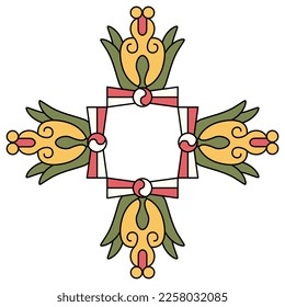 Diseño de cruz cuadrado o marco geométrico con flores estilizadas. Diseño nativo americano de indios aztecos de códice mexicano.