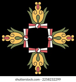 Square cross design or geometrical frame with stylized flowers. Native American design of Aztec Indians from Mexican codex. On black background.