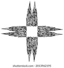 Square cross design with medieval European Gothic cathedrals. Cologne Cathedral (Kölner Dom). Hand drawn linear ink sketch. Black silhouette on white background.