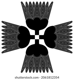 Square cross design or rectangular mandala with four stylized lotus flowers. Ancient Egyptian floral design. Black and white negative silhouette.