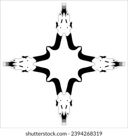 Square cross design or rhombus shape frame with four skull of goat or horned animal. Black and white silhouette.