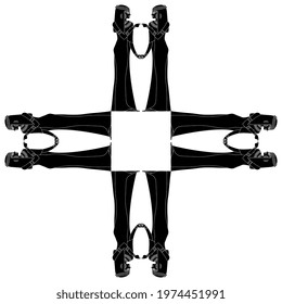 Square cross or frame with figures of ancient Egyptian women. Black and white silhouette.