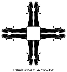 Cruz cuadrada o marco con figuras de antiguas mujeres egipcias. Silueta blanca y negra.