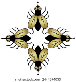 Square cross shape animal design with four stylized flies. Black and gold silhouette on white background.
