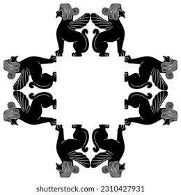 Square cross shape animal frame with bearded winged male sphynxes. Ethnic mythological motif from ancient Syria. Black and white silhouette.