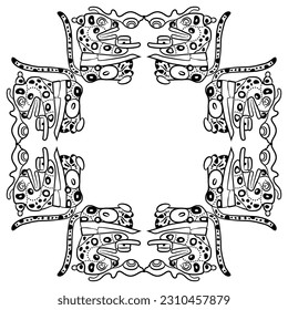 Square cross shape animal frame with stylized sitting jaguars. Native American ethnic art of Maya Indians. Black and white silhouette.