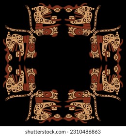 Square cross shape animal frame with stylized sitting jaguars. Native American ethnic art of Maya Indians. On black background.