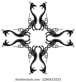 Square cross shape animal ornament or frame with fantastic medieval dragons. Illuminated manuscript style. Black and white silhouette.