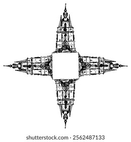 Square cross shape architectural design or frame with four Catholic Churches. Basilica of St. Wendelin, Saarland, Germany. Gothic temple in Sankt Wendel. Hand drawn sketch. Black and white silhouette.