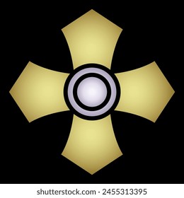 Square cross shape decor with circle inside. Medieval European design. Gold and white silhouette on black background.