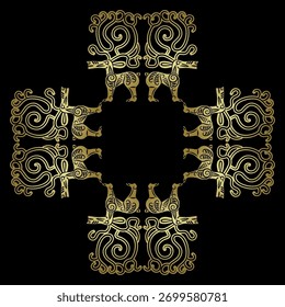 Square cross shape decorative frame with stylized elks or deer. Ethnic ancient Sarmatian animal design. Golden silhouette on black background.