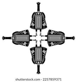 Square cross shape design with four female ancient Greek figurines. Bell idol from Thebes, Boeotia. Black and white silhouette.