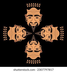 Square cross shape design with four ethnic masks. Head of Harun. Ancient Etruscan mythology. Vase painting style. Portrait of a wrinkled man with Goatee beard. On black background.