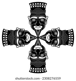 Square cross shape design with four ethnic masks. Head of Harun. Ancient Etruscan mythology. Vase painting style. Portrait of a wrinkled man with Goatee beard. Black and white silhouette.