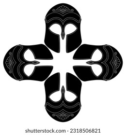 Square cross shape design with four antique helmets. Black and white silhouette.