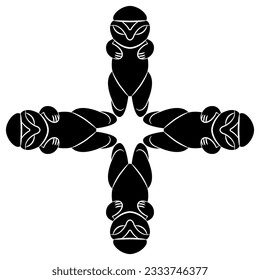 Square cross shape design with four human figurines from ancient China. Hongshan culture. Black and white silhouette.