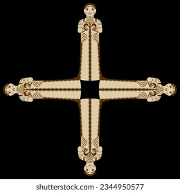 Square cross shape design with four figurines of Mycenaean mother goddess. Feminist symbol. Archaic ancient Greek women. On black background.