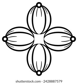 Diseño de forma cruzada cuadrada con cuatro pétalos ovalados. Silueta lineal en blanco y negro.