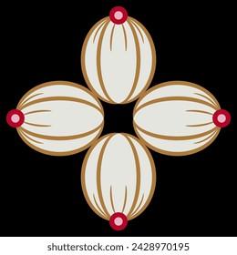 Square cross shape design with four oval petals. On black background.