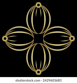 Square cross shape design with four oval petals. Golden glossy silhouette on black background.