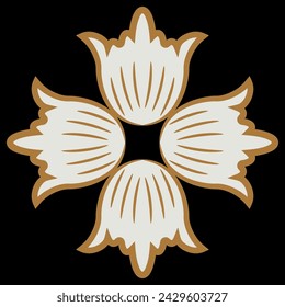 Square cross shape design with four stylized bell flowers. Folk style. White and gold on black background.