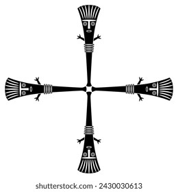 Square cross shape design with four stylized human figurines. Siberian totem. Ethnic tribal art. Permian animal style. Black and white silhouette. 