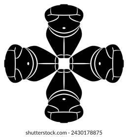 Square cross shape design with four Neolithic female figurines. Headless female torso from Cukurdent, Turkey. Black and white silhouette. Creative feminist concept.