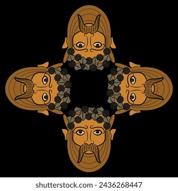 Square cross shape design with four antique masks of god Bacchus. Bearded horned male faces wearing grape wreaths. Vase painting style. On black background