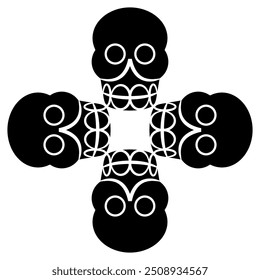 Square cross shape design with four stylized human skulls. Symbol gf death. Indigenous ethnic motif of Aztec Indians. Black and white silhouette.