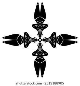 Square cross shape design with four ancient Neolithic female figurines from Ulucak Höyük, Turkey. Great Mother archetype. Feminist concept. Black and white silhouette.
