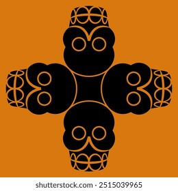 Square cross shape design with four stylized human skulls. Halloween ornament. Symbol of death. Indigenous ethnic motif of Aztec Indians. Black and orange silhouette.
