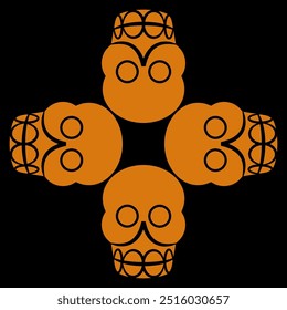 Square cross shape design with four stylized human skulls. Halloween ornament. Symbol of death. Indigenous ethnic motif of Aztec Indians. Black and orange silhouette.