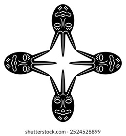 Square cross shape design with four ethnic masks. Funny faces of a fantastic mythological creature. Ancient Siberian totem. Permian animal style. Black and white silhouette.