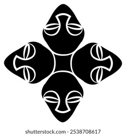 Square cross shape design with four alien heads. Geometrical shape with Neolithic human masks from Vinča culture, Serbia. Black and white silhouette.