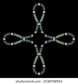 Square cross shape design with four Sa signs. Ancient Egyptian protective symbols. Ethnic good luck charm. Blue and gold on black background.