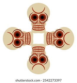 Diseño de forma de cruz cuadrada con cuatro cráneos humanos estilizados. Antiguo símbolo de la muerte tibetana. 